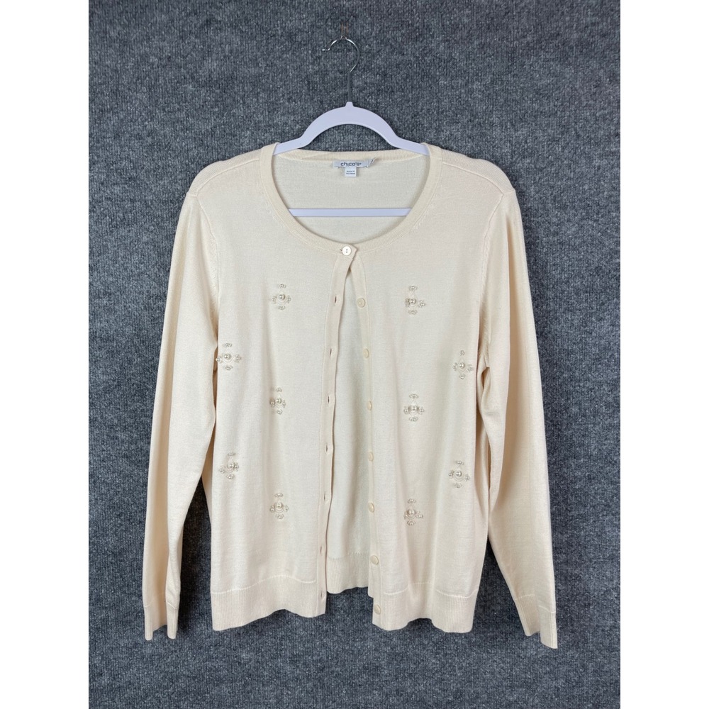 Chico's Cardigan Women Size 2 U,S. L Ivory Pearl Embellished Cardigan Sweater